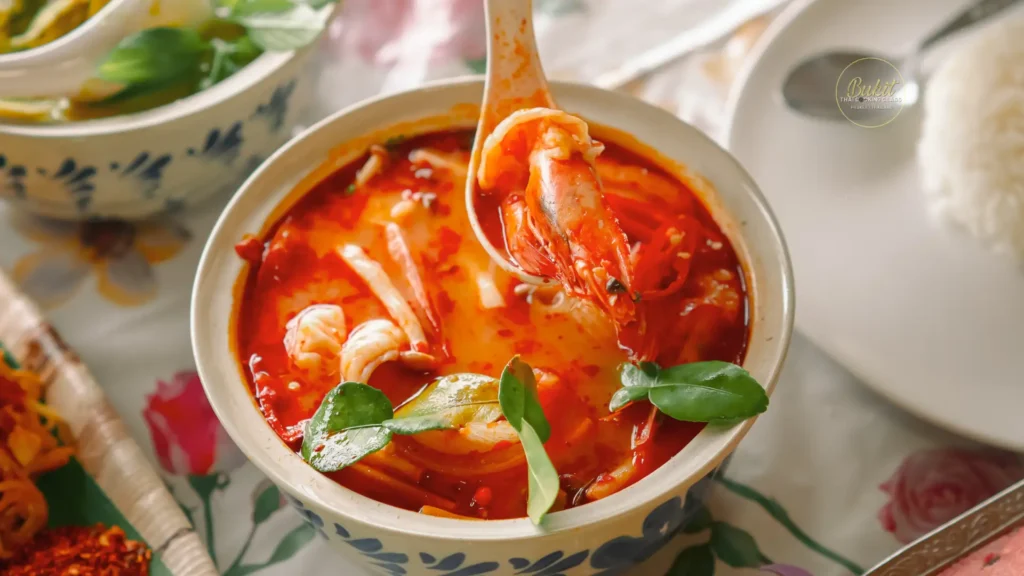 Authentic Tom Yum Goong prepared during a Thai cooking class.